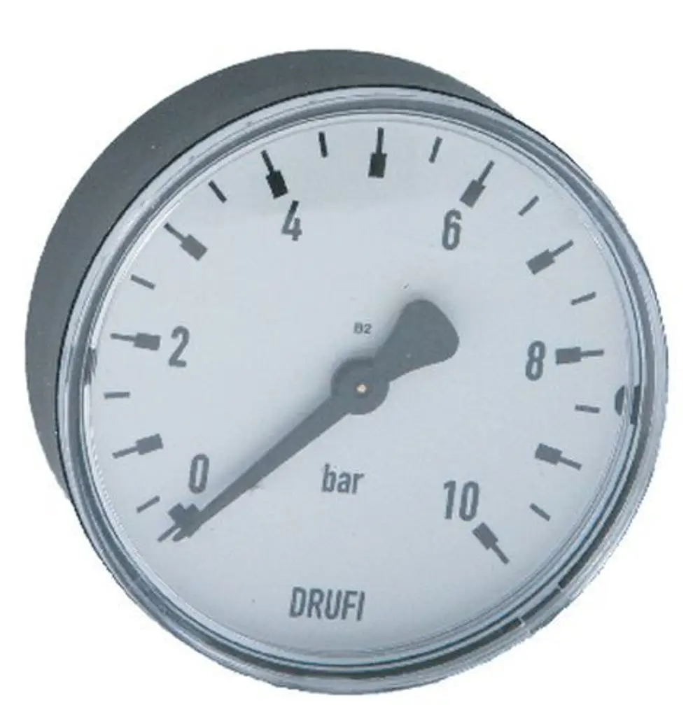 Manometer mit einem weißen Hintergrund und einer Skala von 0 bis 10 bar. Die Marke "Syr" ist am unteren Rand sichtbar. Zeiger zeigt auf einen Wert zwischen 0 und 2 bar.